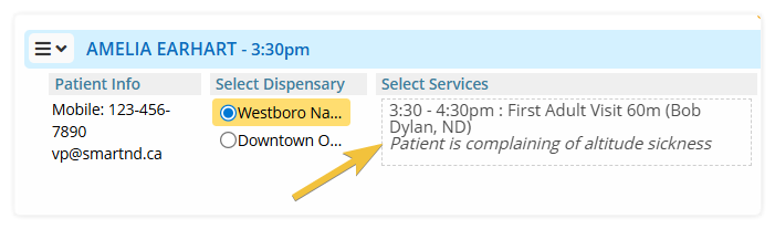 How to select services to be automatically added to an invoice during Express Checkout.  Shows the portion of the Express Checkout where you can select services with an arrow pointing to a service.